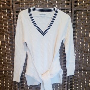 Sandro White V-Neck Sweater with Black Trim